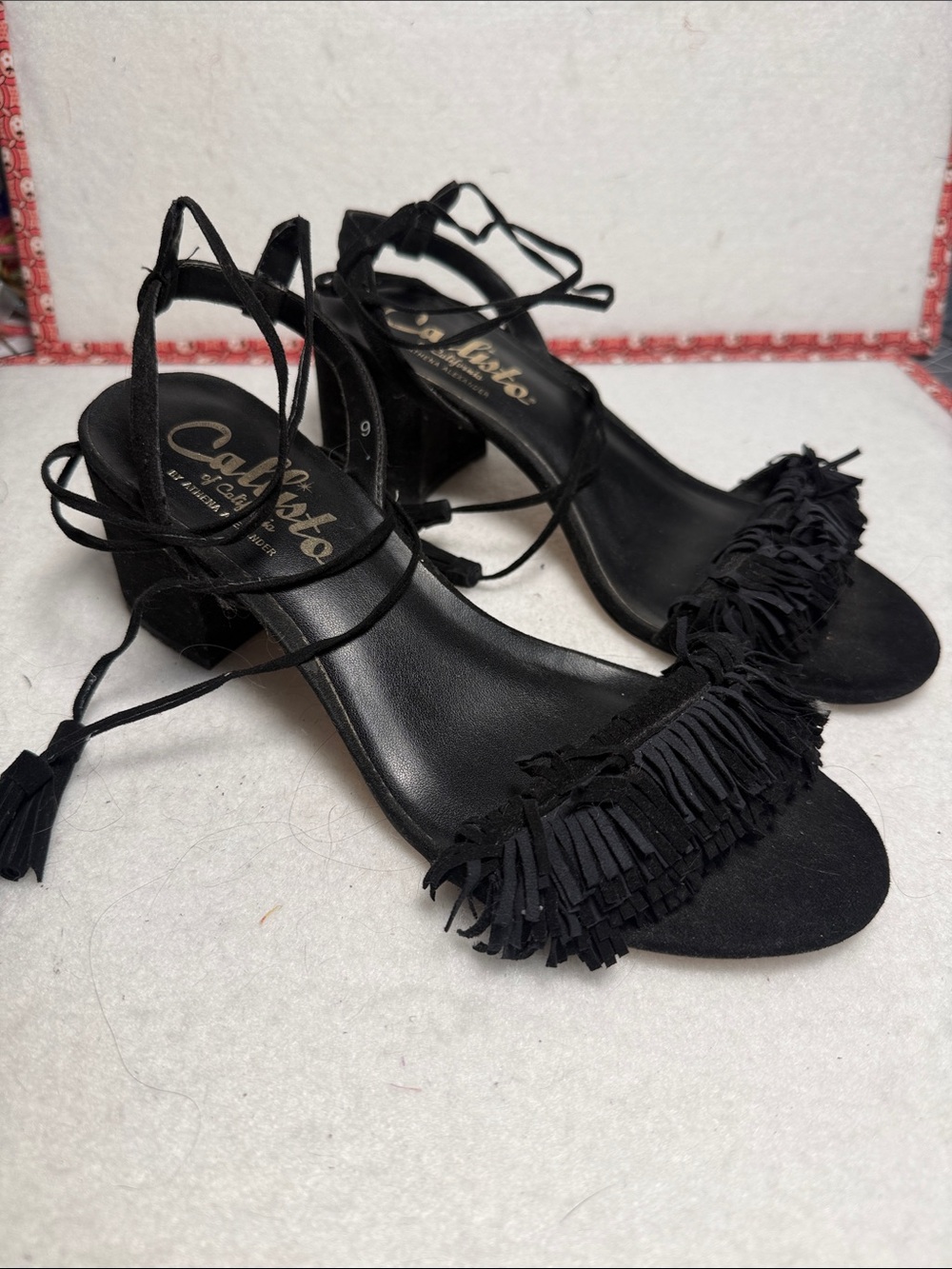 Callisto Black Fringe Ankle-Tie Heels